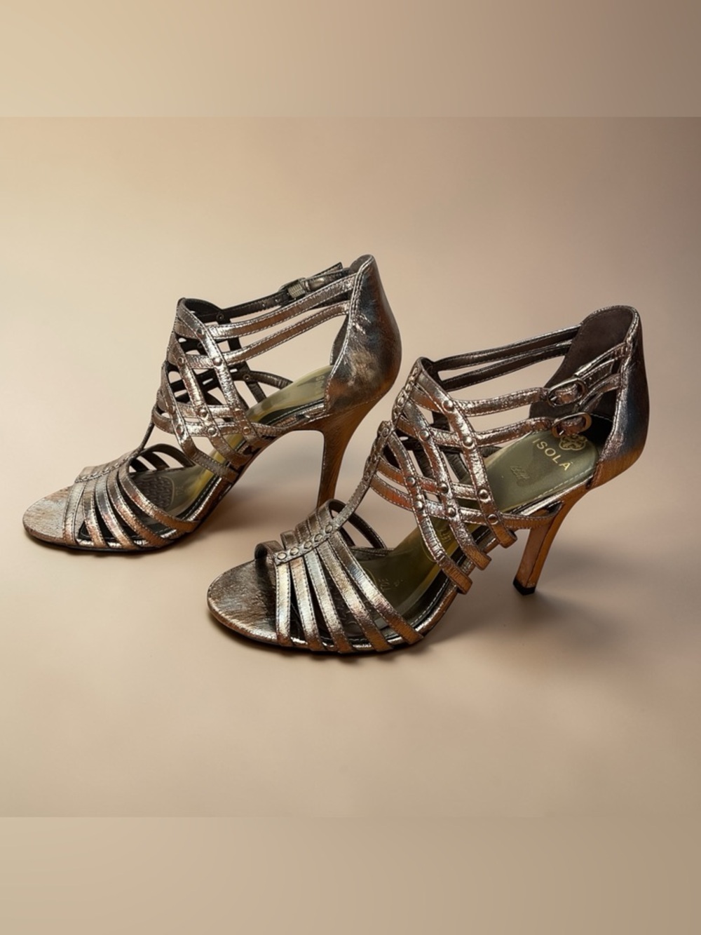 Isolá Benne Gold Metallic Strappy Heels Sandals Stiletto Cage 9.5